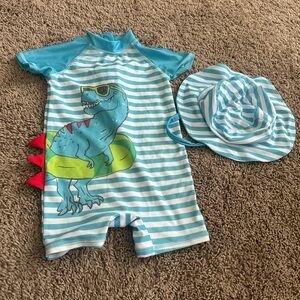 Andy & Evan Striped Dinosaur Swim Rashguard Set